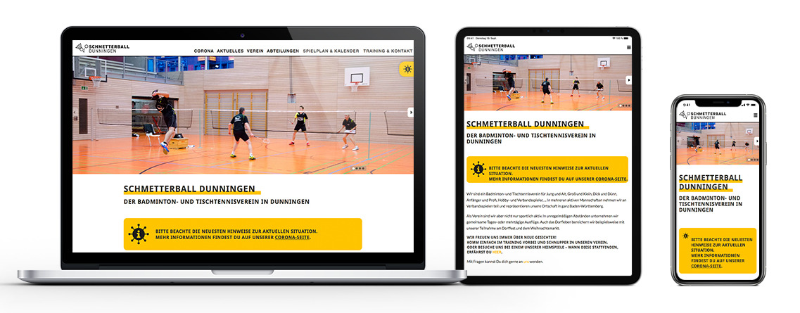 Ein Laptop, Tablet und Smartphone zeigen die neue Website des Schmetterball Dunningen, die jetzt auch für mobile Geräte optimiert ist.